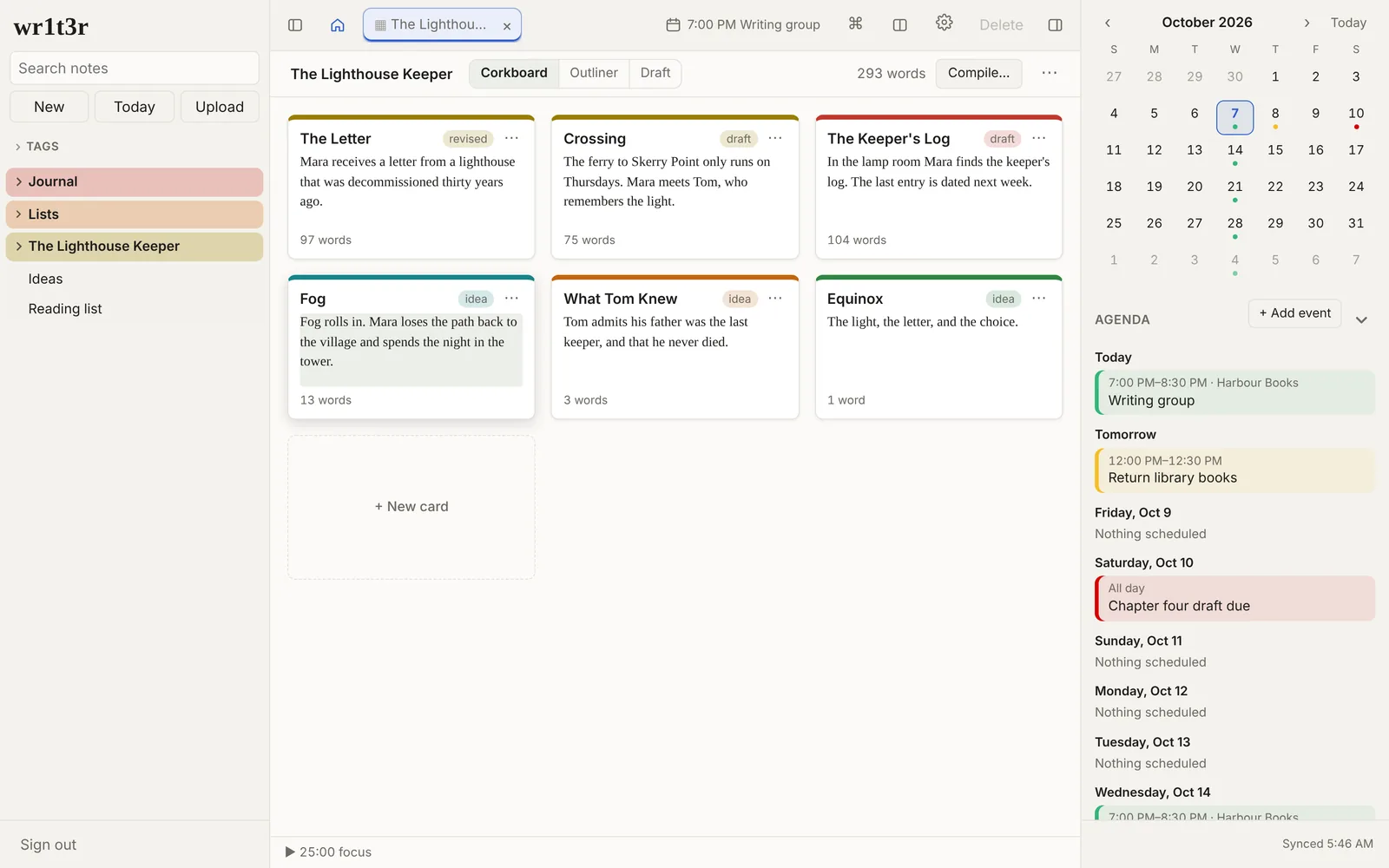 Storyboard view of a novel's scenes as index cards with synopses and status labels