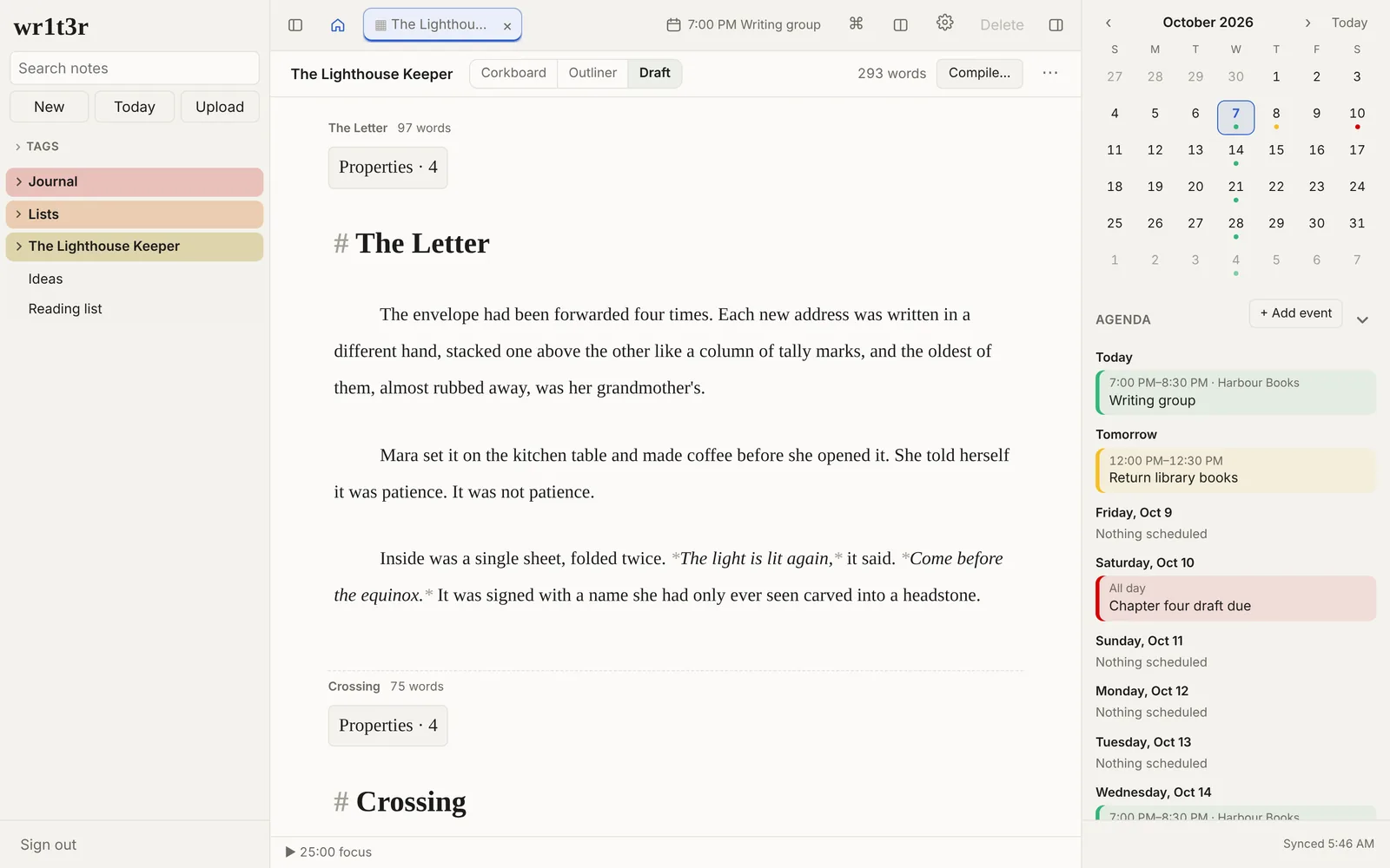 Draft view showing several scenes joined into one continuous document