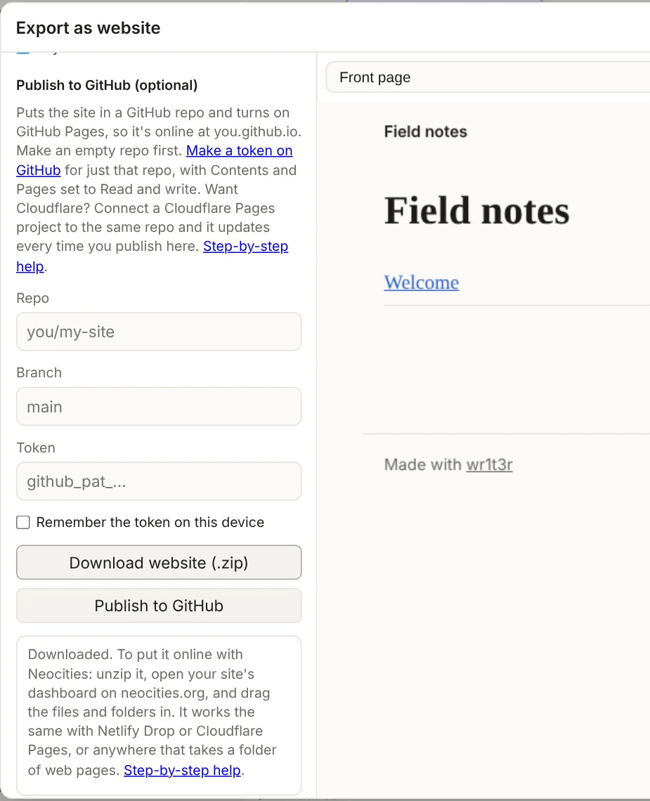 Export as website after a download, with directions for putting the site on Neocities
