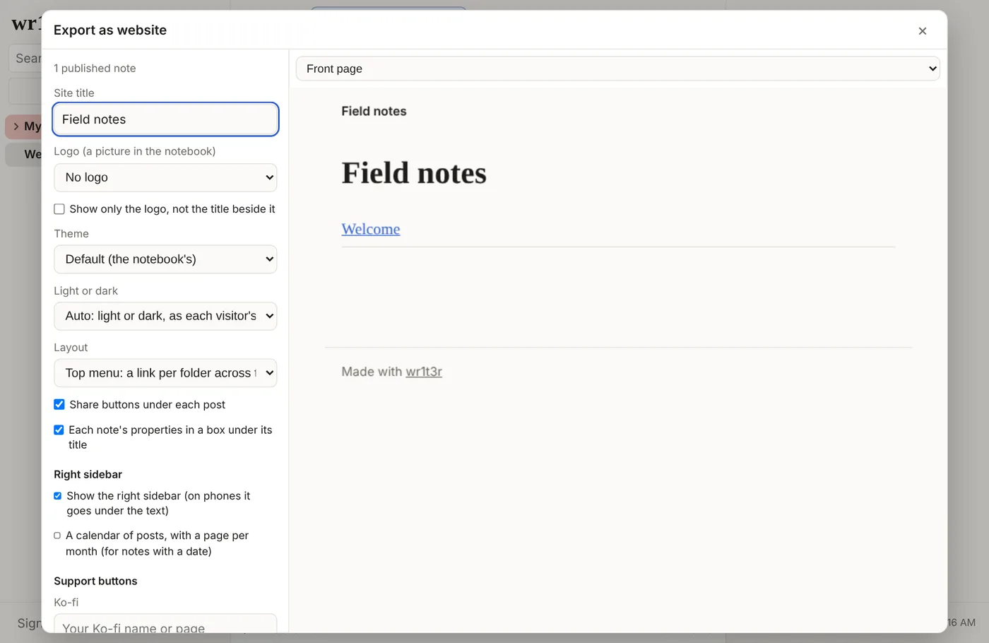 The Export as website window: site title, logo, theme, light or dark, layout and other settings on the left, and a preview of the front page on the right