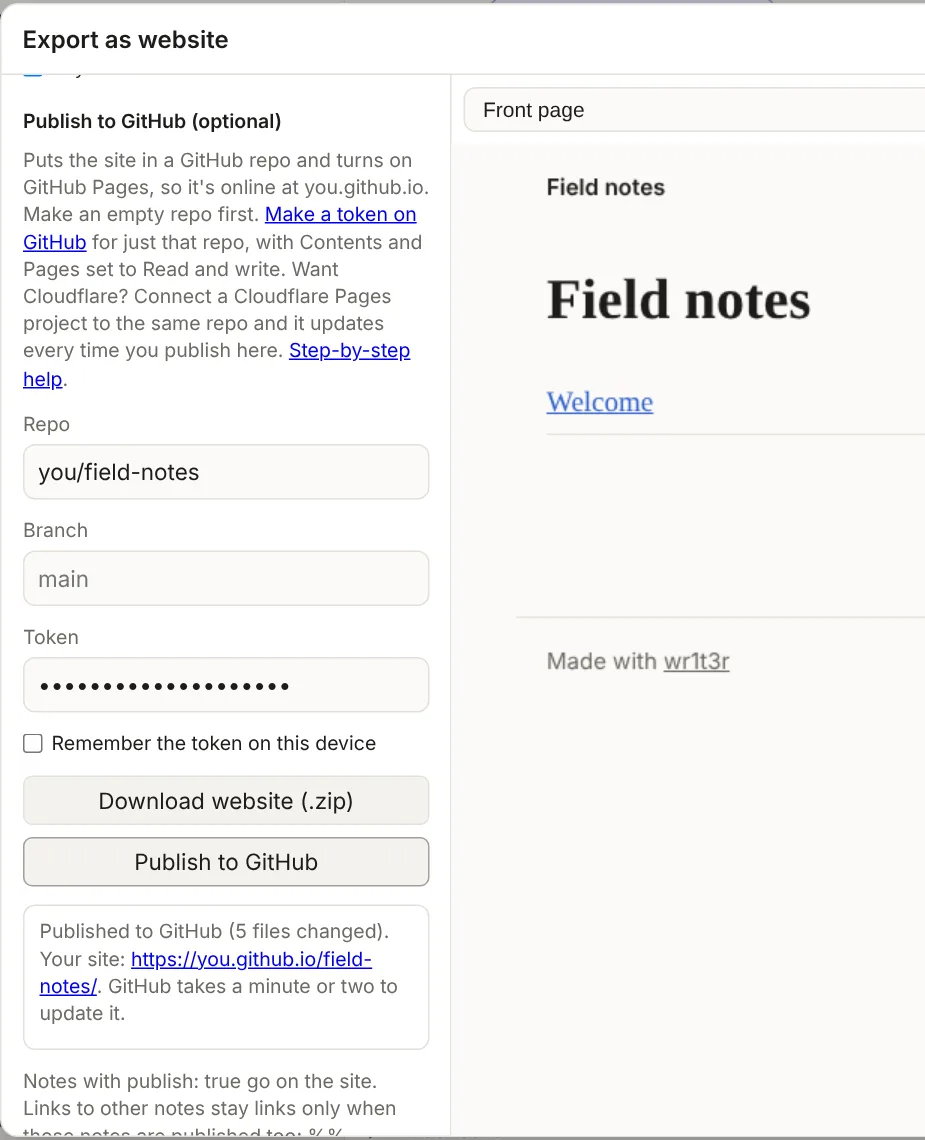 The Publish to GitHub part of Export as website: repo, branch and token filled in, and a message saying the site was published, with its address