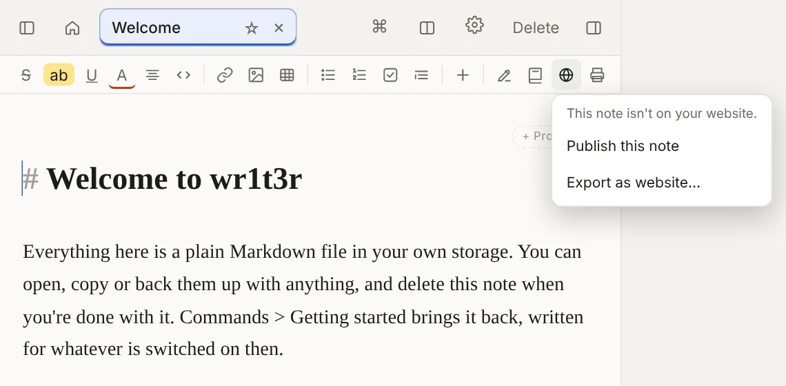 The globe button in the toolbar, open: This note isn't on your website, Publish this note, Export as website