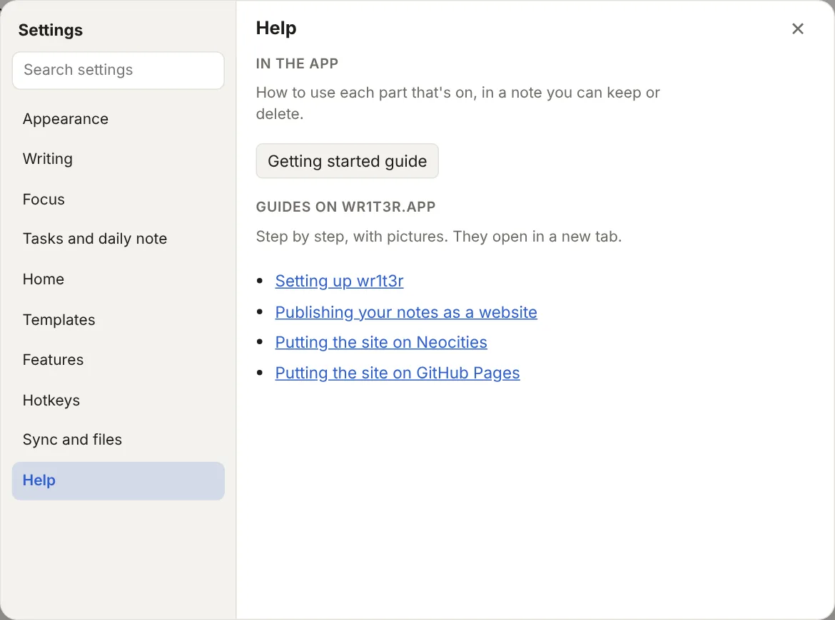Settings › Help in the app: a Getting started guide button and links to these guides