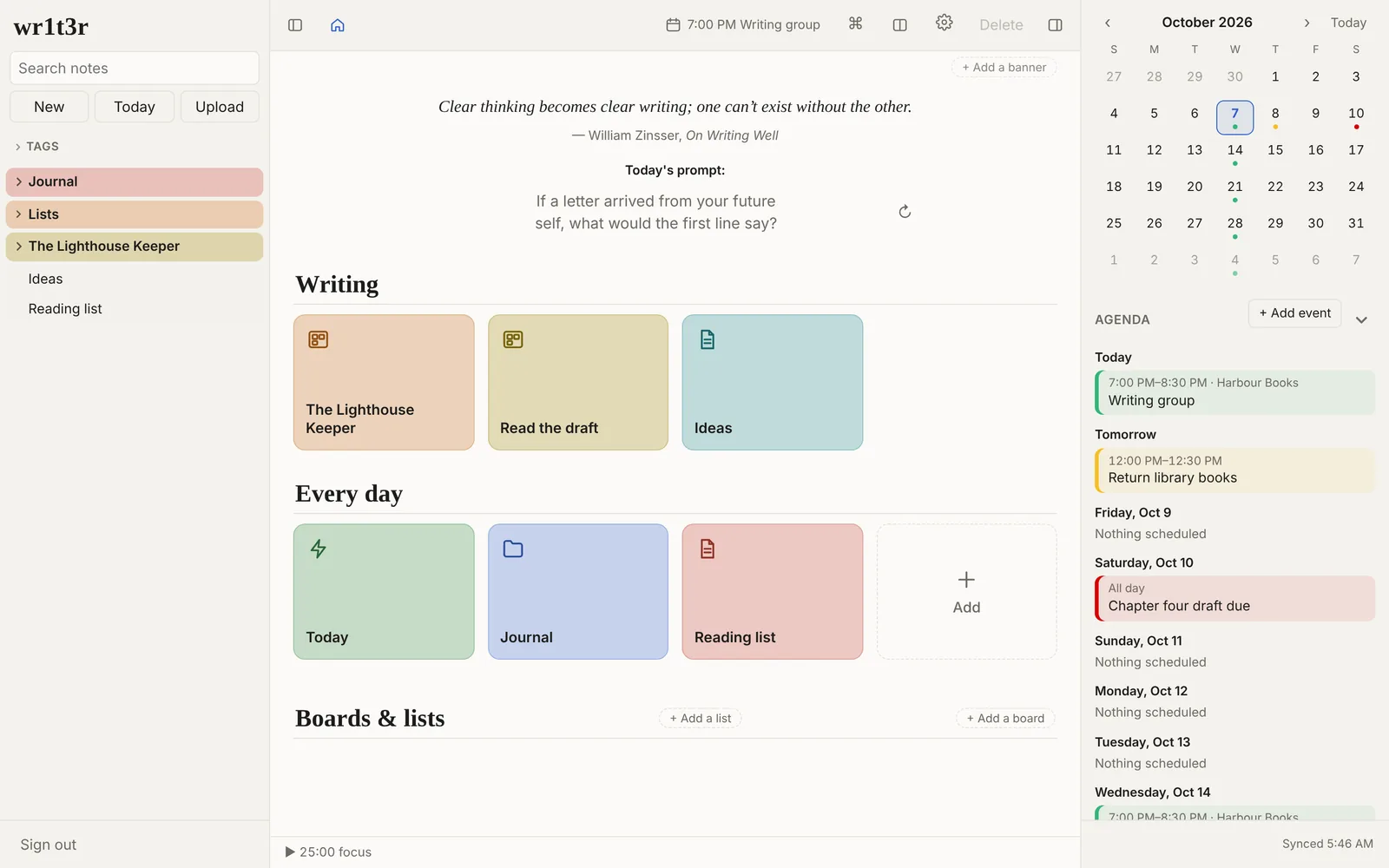 wr1t3r's Home screen: pinned tiles for a manuscript, today's planner and a journal, with a calendar and agenda on the right
