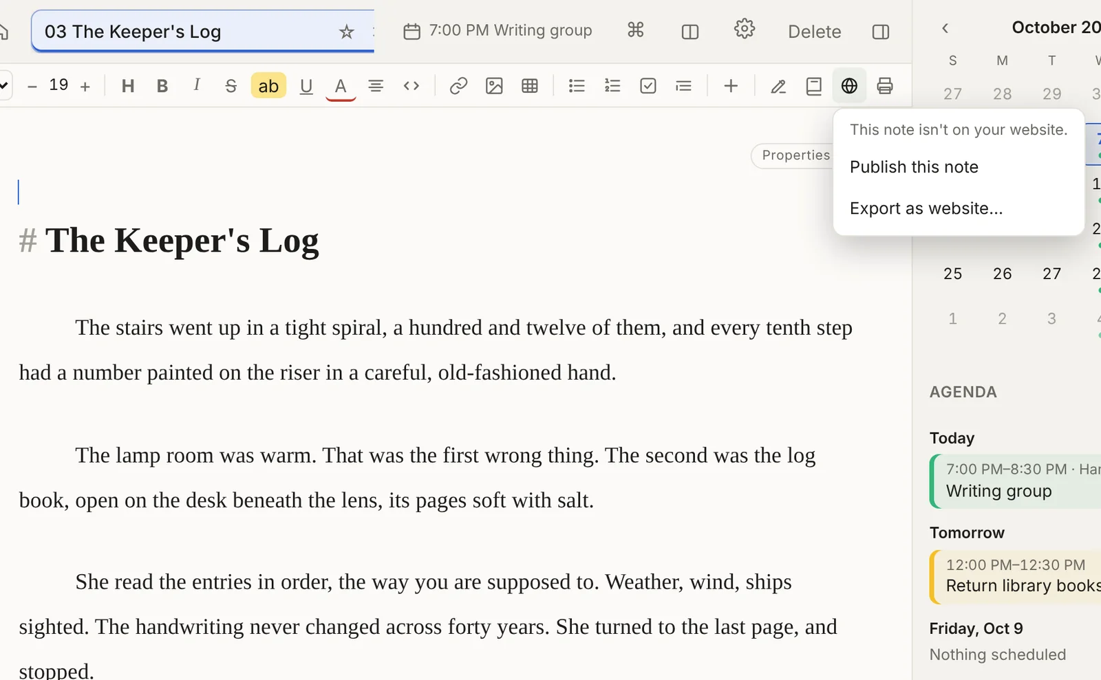 The globe button in the toolbar, open, with Publish this note and Export as website
