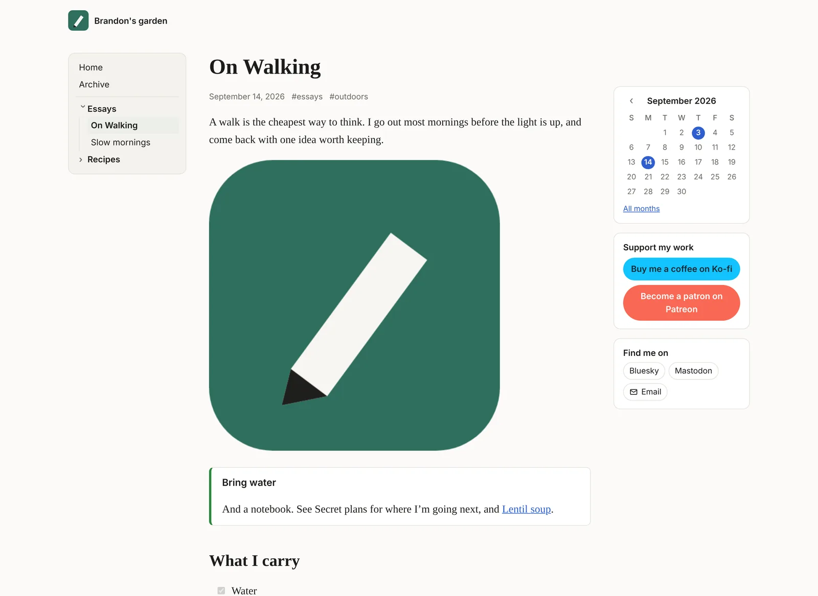 An exported site: a notebook-style folder menu on the left, an essay in the middle, and a sidebar with a calendar of posts, Ko-fi and Patreon buttons and social links